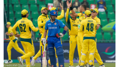 Afghanistan and Australia cricket teams face off in ICC Champions Trophy 2025 at Gaddafi Stadium, Lahore.