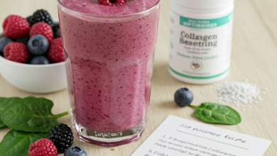A vibrant collagen-boosting smoothie in a glass, garnished with fresh berries and a mint leaf.