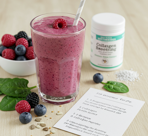 A vibrant collagen-boosting smoothie in a glass, garnished with fresh berries and a mint leaf.