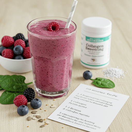 A vibrant collagen-boosting smoothie in a glass, garnished with fresh berries and a mint leaf.