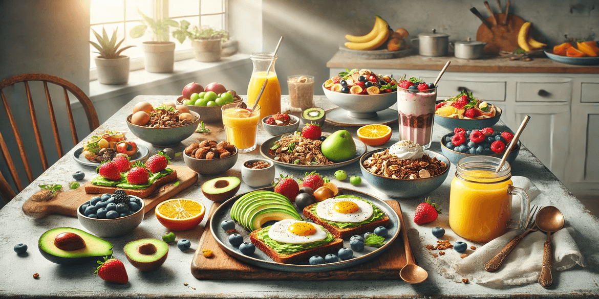 A colorful assortment of healthy breakfast dishes, including overnight oats, avocado toast, and a Greek yogurt parfait
