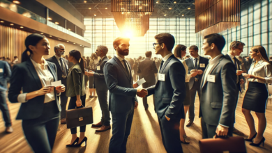 A group of professionals networking at a business event, exchanging ideas and building career connections.