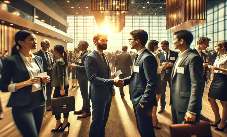 A group of professionals networking at a business event, exchanging ideas and building career connections.