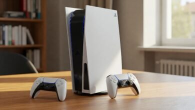 PlayStation 5 console standing vertically against a neutral background, used in an article about PlayStation Network being down.