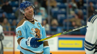 Shoresy Season 4 cast on the ice, showcasing the gritty and humorous side of minor-league hockey.