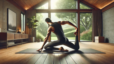 A person practicing effective stretching techniques for recovery in a bright, serene indoor setting, enhancing flexibility and wellness.