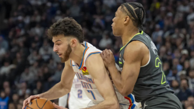 NBA action shot featuring Thunder vs. Timberwolves during a 2025 showdown