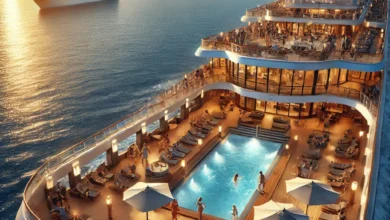 Luxury ocean cruise ship at sunset