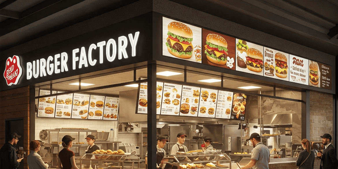 Burger Factory Surrey storefront with signage and outdoor seating showcasing its new location.