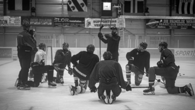 Firefighters playing hockey during the Esquimalt Memorial Tournament to support mental health awareness.