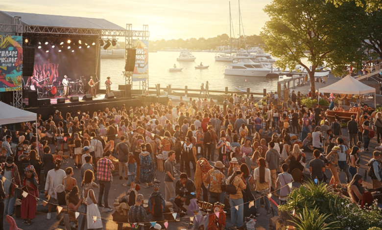 Crowds enjoying food trucks, live music, and vibrant summer vibes at Fridays on Front 2025 in New Westminster.