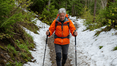 A spring hiker cautiously walking across a snow-covered North Shore trail, highlighting the slippery conditions.