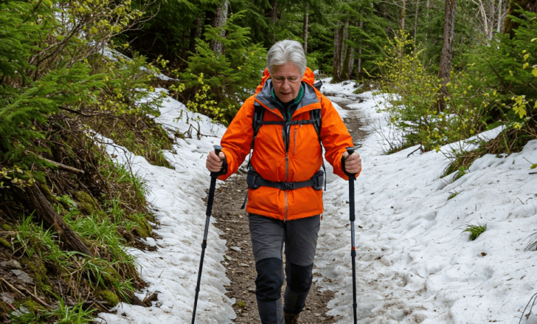 A spring hiker cautiously walking across a snow-covered North Shore trail, highlighting the slippery conditions.