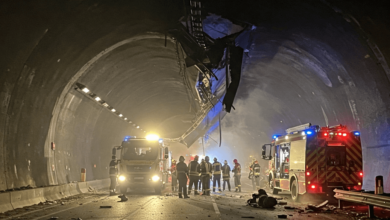 Emergency crews responding to Massey Tunnel crash in April 2025, causing major traffic delays in Richmond.