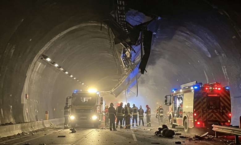 Emergency crews responding to Massey Tunnel crash in April 2025, causing major traffic delays in Richmond.