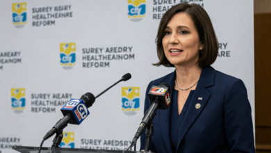 Mayor Brenda Locke speaking at a press conference about Surrey's healthcare reform plan