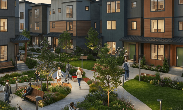 New townhouse development in Delta showcasing modern, sustainable living spaces in an urban renewal project.