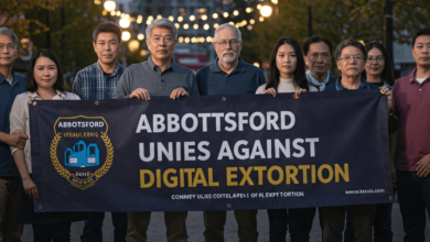 Person using a laptop in a dark room symbolizing online threats and digital extortion in Abbotsford