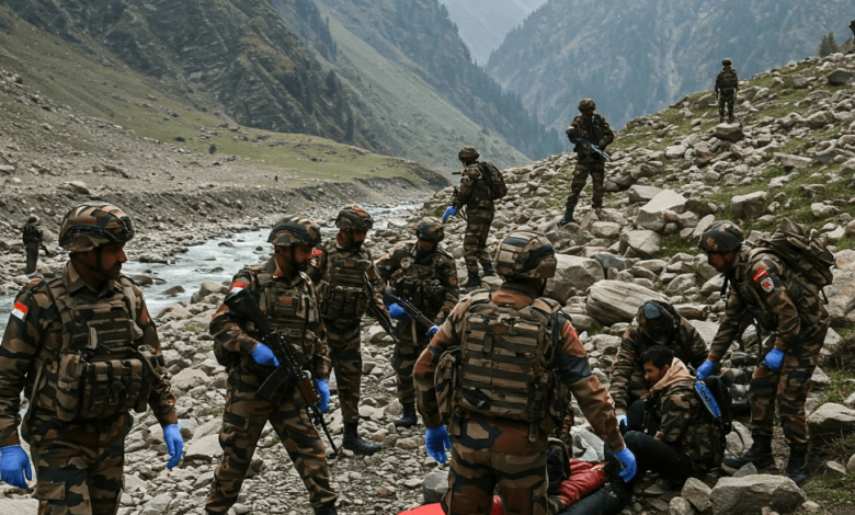 The aftermath of the Pahalgam massacre in Kashmir, showing the devastation caused by the terrorist attack on tourists in April 2025.