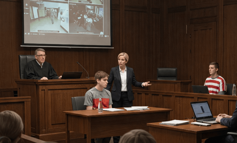 Courtroom scene from the Surrey attempted murder trial, highlighting legal proceedings and the importance of digital evidence.