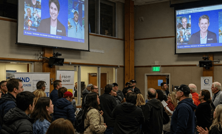Citizens of Surrey reacting emotionally to live municipal election results on April 28, 2025