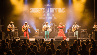 Dancers performing at the Surrey Latin Festival 2025, celebrating Latin culture with vibrant costumes and music.