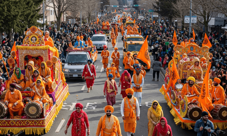 Crowds celebrating Surrey Vaisakhi Parade 2025 with vibrant floats and traditional Sikh attire