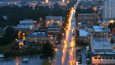 Skyline of Parksville, reflecting the economic growth of Vancouver Island’s resilient cities.