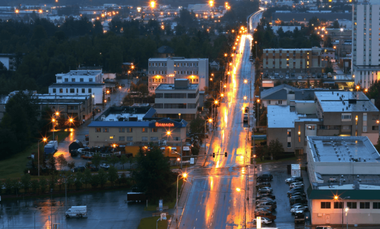 Skyline of Parksville, reflecting the economic growth of Vancouver Island’s resilient cities.