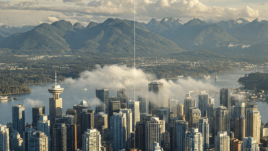 Vancouver skyline under clear blue skies and scattered rain clouds in April 2025.