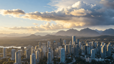 Vancouver skyline glowing under spring sunshine before approaching weekend rain