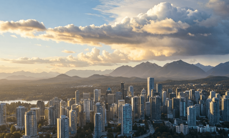Vancouver skyline glowing under spring sunshine before approaching weekend rain