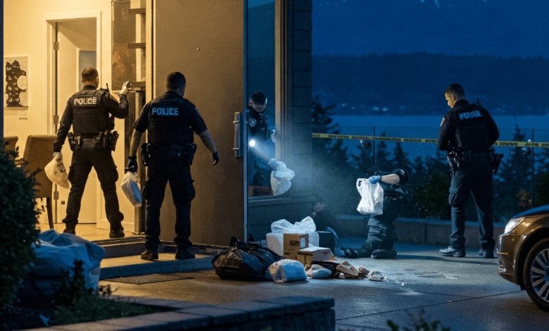 Police officers seizing fentanyl and cocaine in West Vancouver drug raid