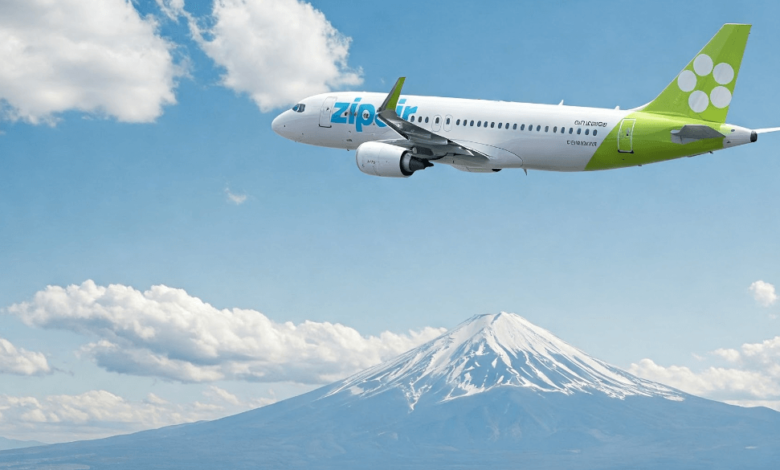 Zipair airplane flying on a nonstop route from Vancouver to Tokyo, offering budget-friendly travel options for 2025.
