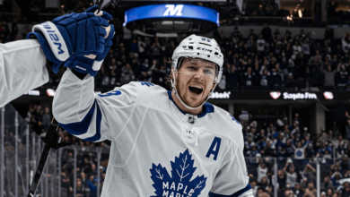 Matthew Knies celebrates after scoring a hat trick and game-winning goal in overtime for the Toronto Maple Leafs