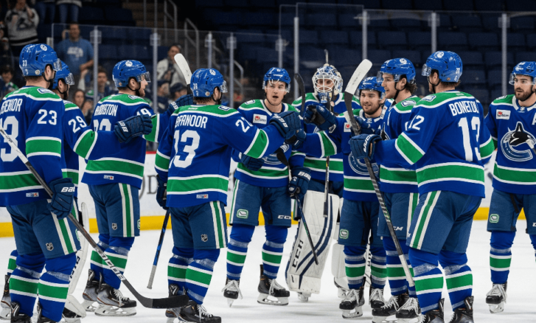 Abbotsford Canucks players cheering on the ice after winning Game 5 against Colorado Eagles