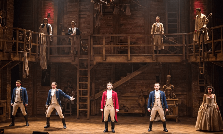 Cast of Hamilton performing live on stage at Queen Elizabeth Theatre, Vancouver 2025