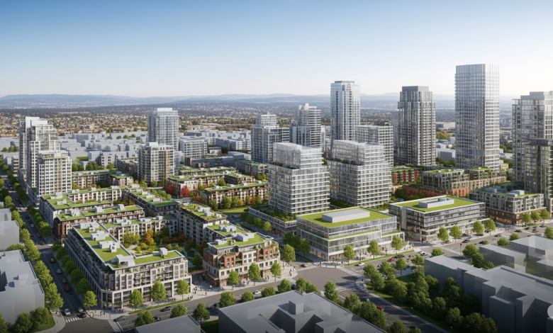 A panoramic view of Burnaby skyline showing new housing towers and high-tech office parks representing the city’s economic growth strategy in 2025