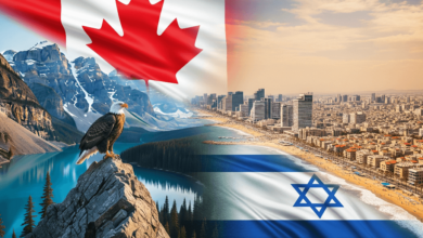 Map showing Israel and Canada with travel warning symbols, highlighting Toronto and Vancouver locations.