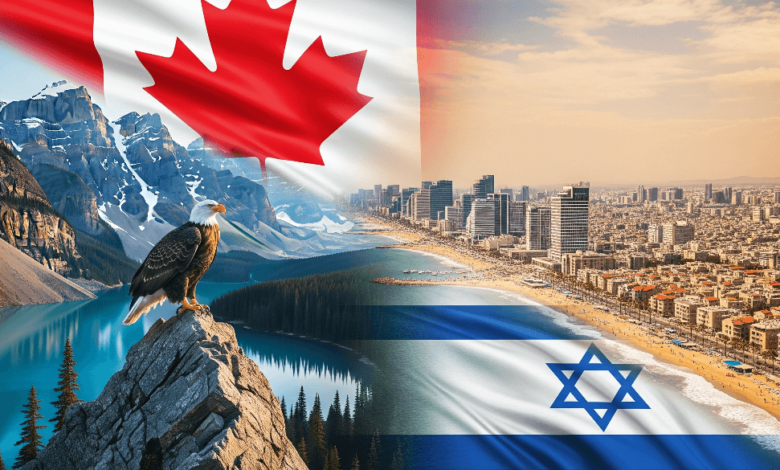 Map showing Israel and Canada with travel warning symbols, highlighting Toronto and Vancouver locations.
