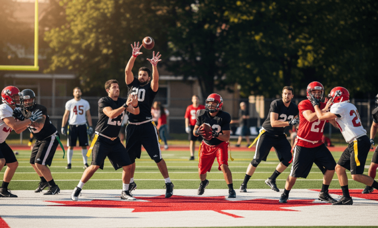 Players in a Canadian flag football game representing both amateur and professional athletes