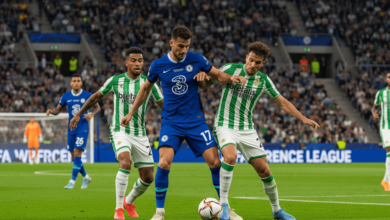 Chelsea and Real Betis players battle for the ball during the UEFA Conference League Final 2025 at Stadion Wrocław