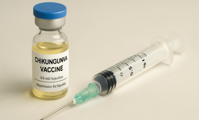 Chikungunya vaccine vial and syringe