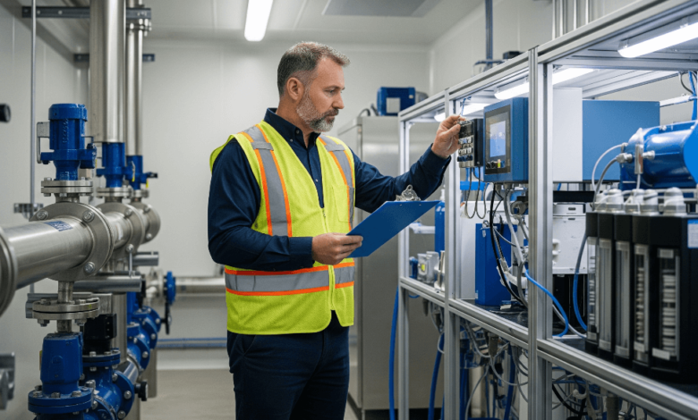 City engineer checking water quality testing equipment to ensure safe drinking water in Surrey
