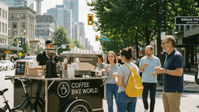 Mobile coffee cart by Coffee Bike World serving customers on a Vancouver street