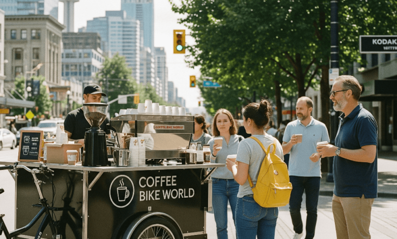 Mobile coffee cart by Coffee Bike World serving customers on a Vancouver street