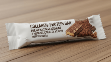 Collagen-enriched protein bar on a wooden table promoting weight management and metabolic health