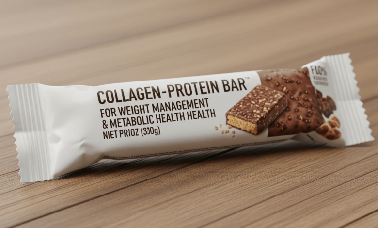 Collagen-enriched protein bar on a wooden table promoting weight management and metabolic health
