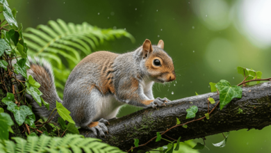 Close-up of an eastern grey squirrel perched on a wet tree branch in Richmond park, showcasing local wildlife amidst lush greenery.