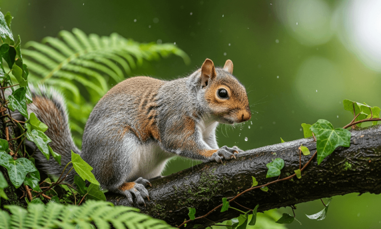 Close-up of an eastern grey squirrel perched on a wet tree branch in Richmond park, showcasing local wildlife amidst lush greenery.